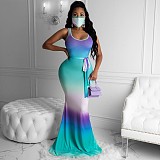 Colorful Gradient Print Hollowed-out Floor-length Dress MK-3015