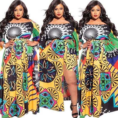 Colorful Print Plus-size Slit Floor-length Dress JLY-19094
