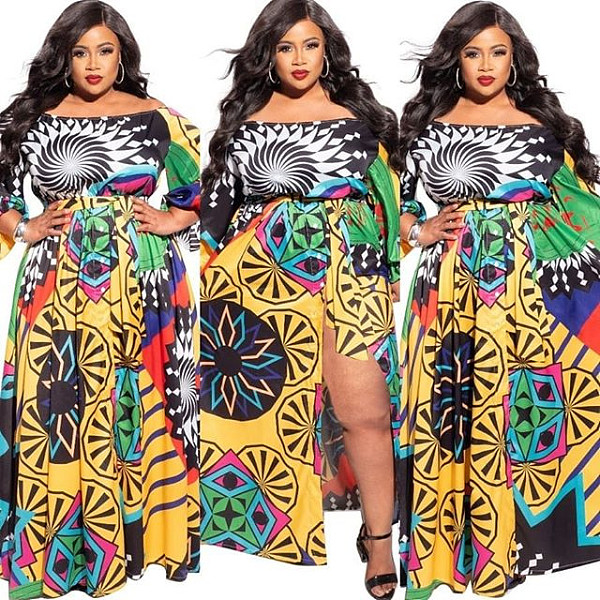 Colorful Print Plus-size Slit Floor-length Dress JLY-19094