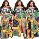 Colorful Print Plus-size Slit Floor-length Dress JLY-19094