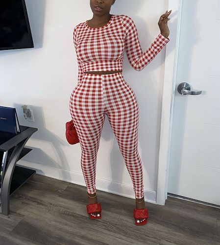 Casual Plaid Print Round Neck Long Sleeve Trousers Suit SFY-156