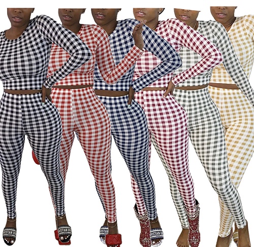 Casual Plaid Print Round Neck Long Sleeve Trousers Suit SFY-156