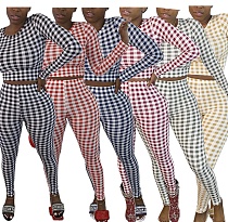 Casual Plaid Print Round Neck Long Sleeve Trousers Suit SFY-156 Casual Plaid Print Round Neck Long Sleeve Trousers Suit SFY-156