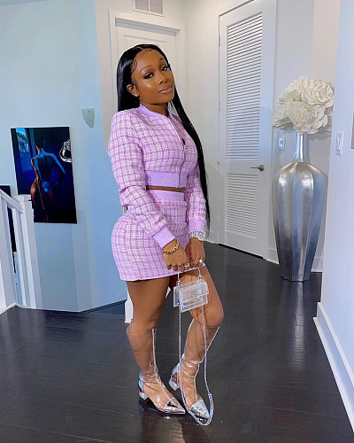 Threaded Stitching Long Sleeve Jacket Covering Hip Skirt Suit LM-8177