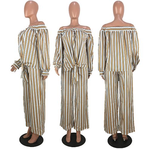 Versatile Trend Stripe Shirt Wide-leg Pants Two-piece Set MDF-5047