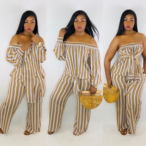 Versatile Trend Stripe Shirt Wide-leg Pants Two-piece Set MDF-5047