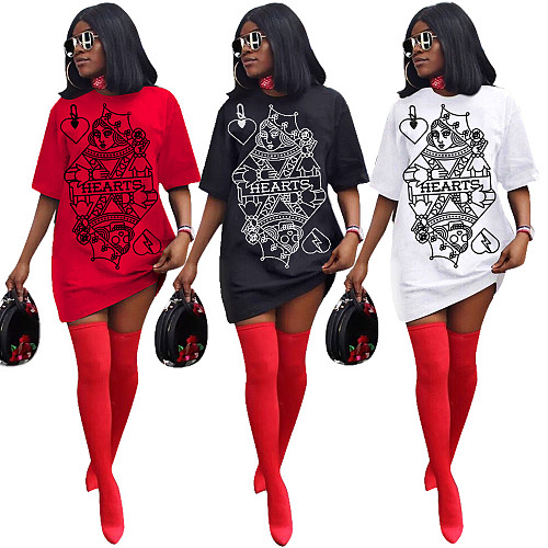 Featured Poker Spades Q Print Short Sleeves T-shirt Dress ASL-6292