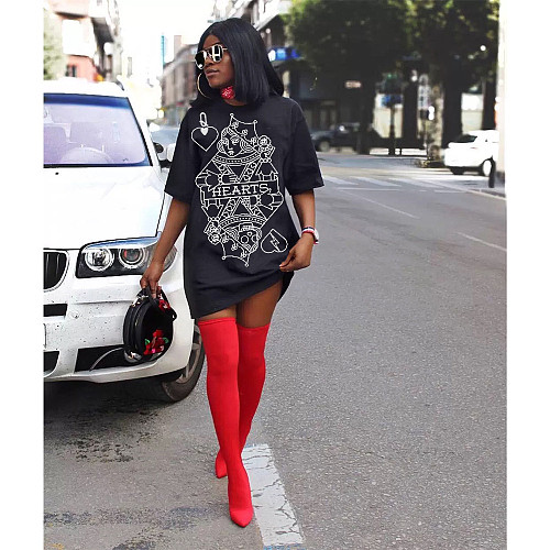 Featured Poker Spades Q Print Short Sleeves T-shirt Dress ASL-6292