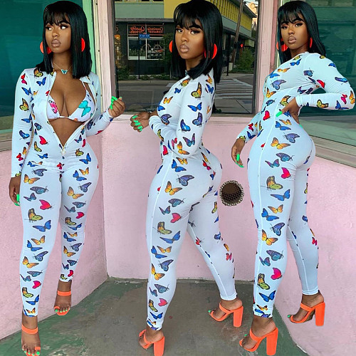Slim Butterfly Print Long Sleeve Zipper Jumpsuit Without Bra BGN-101