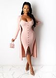 Women's Solid Color Article Pit Long Coat Halter Dress Two-piece Set OSM-4211