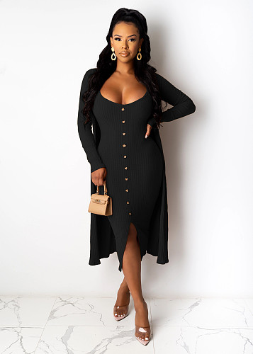 Women's Solid Color Article Pit Long Coat Halter Dress Two-piece Set OSM-4211