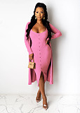 Women's Solid Color Article Pit Long Coat Halter Dress Two-piece Set OSM-4211