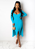 Women's Solid Color Article Pit Long Coat Halter Dress Two-piece Set OSM-4211