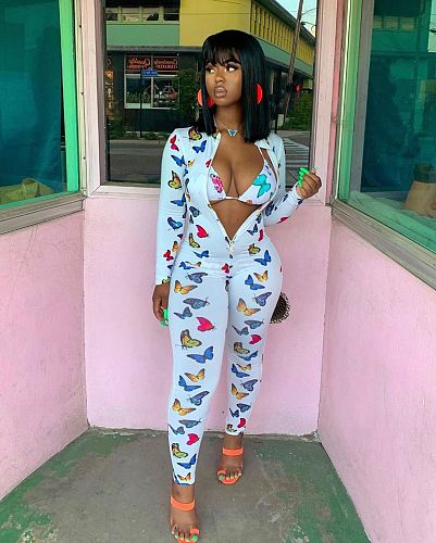 Slim Butterfly Print Long Sleeve Zipper Jumpsuit Without Bra BGN-101