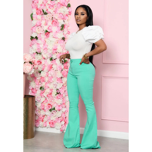 Solid Color Mid-waisted Slimming Denim Bell-bottom Trousers QY-5202