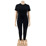 Solid Color Tight Foot Pleated Short Sleeve Casual Two - piece Set OSS-20735