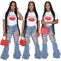 Women's Versatile Slim Ripped Denim Bell-bottom Trousers HSF-2312
