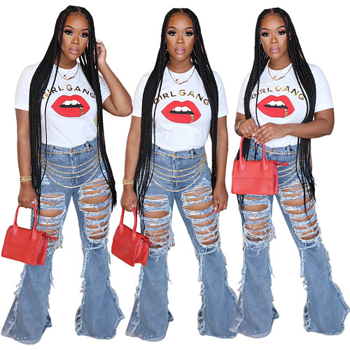 Women's Versatile Slim Ripped Denim Bell-bottom Trousers HSF-2312