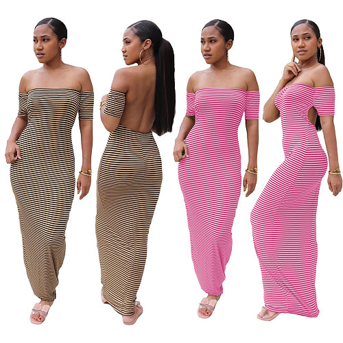 Sexy Striped Print Off Shoulder Hollow Back Maxi Dress YUM-9035