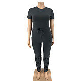Solid Color Tight Foot Pleated Short Sleeve Casual Two - piece Set OSS-20735