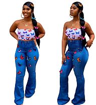 Women Butterfly Embroidery High Stretch Flared Jeans LA-3131