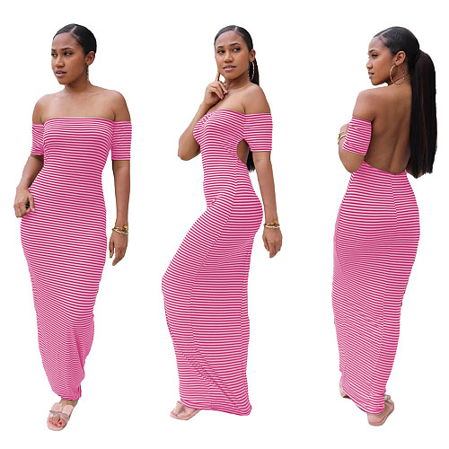 Sexy Striped Print Off Shoulder Hollow Back Maxi Dress YUM-9035
