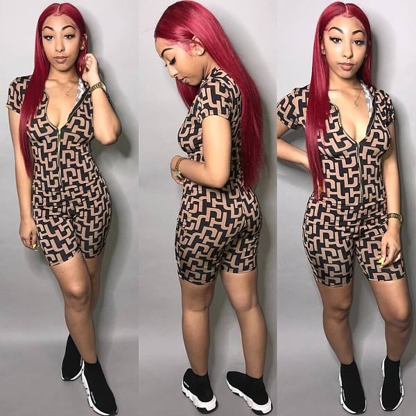 Sexy Print Front Zipper Short Sleeve Bodycon Romper HMS-5149