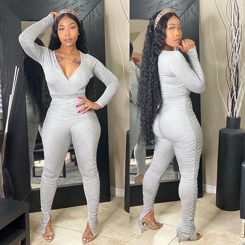 Casual V-neck Long Sleeve Elasticity Pleated Jumpsuit DM-8140