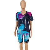 Tie-Dye Printed V-Neck Short Sleeve Two-Piece Suit without Mask OSS-20720