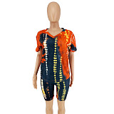 Tie-Dye Printed V-Neck Short Sleeve Two-Piece Suit without Mask OSS-20720