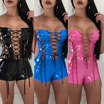 Sexy Slim Body Strapless Lace-up One-piece Leather Shorts BN-9064