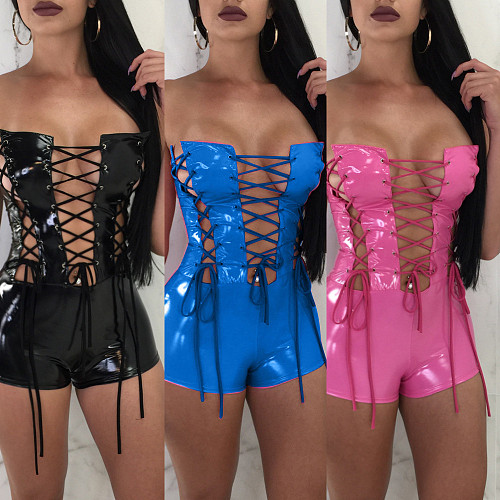 Sexy Slim Body Strapless Lace-up One-piece Leather Shorts BN-9064