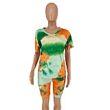 Tie-Dye Printed V-Neck Short Sleeve Two-Piece Suit without Mask OSS-20720