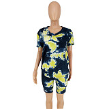 Tie-Dye Printed V-Neck Short Sleeve Two-Piece Suit without Mask OSS-20720