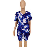 Tie-Dye Printed V-Neck Short Sleeve Two-Piece Suit without Mask OSS-20720