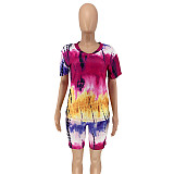 Tie-Dye Printed V-Neck Short Sleeve Two-Piece Suit without Mask OSS-20720