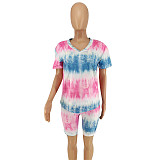 Tie-Dye Printed V-Neck Short Sleeve Two-Piece Suit without Mask OSS-20720