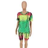 Tie-Dye Printed V-Neck Short Sleeve Two-Piece Suit without Mask OSS-20720