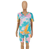 Tie-Dye Printed V-Neck Short Sleeve Two-Piece Suit without Mask OSS-20720