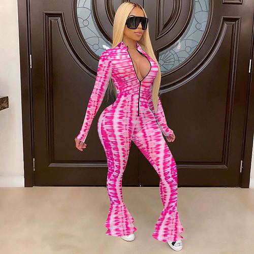 New Print Long Sleeve Zippered Fishtail Jumpsuit MEM-8295