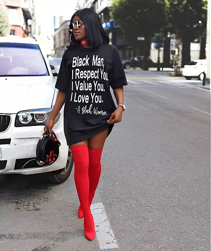 Pop Slogan Printed Short Sleeves Loose-fitting T-shirt Dress QZX-6137
