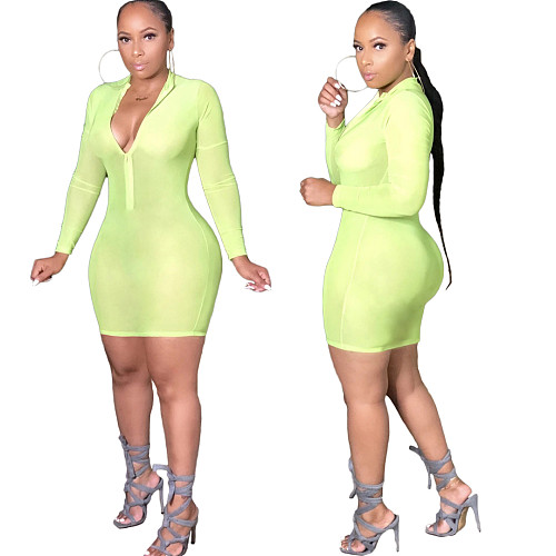 Women's Fluorescent Green Front Zippered Hip-hugging Dress BER-8014