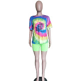 Casual Colorful Print Round Neck Short Sleeve Two-Piece Set BN-9233