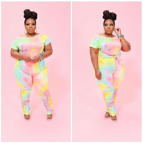Tie-dyed Short Sleeve T-shirt Pleated Pants Two-piece Set BER-8017