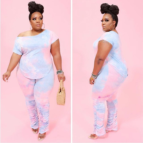 Tie-dyed Short Sleeve T-shirt Pleated Pants Two-piece Set BER-8017