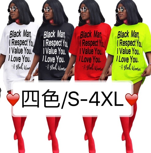 Pop Slogan Printed Short Sleeves Loose-fitting T-shirt Dress QZX-6137