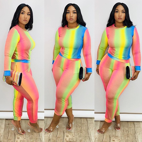 Fashion Rainbow Print Long Sleeve Pencil Pants Two-piece Set BER-8001