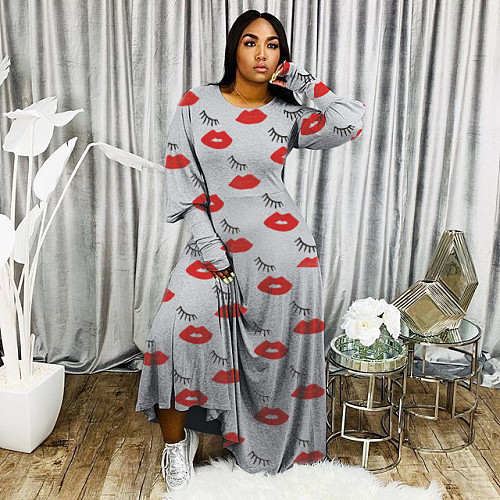 Sexy Red Lip Loose-fitting Long Sleeve Floor-length Dress BER-8019