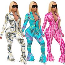 New Print Long Sleeve Zippered Fishtail Jumpsuit MEM-8295