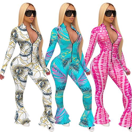 New Print Long Sleeve Zippered Fishtail Jumpsuit MEM-8295